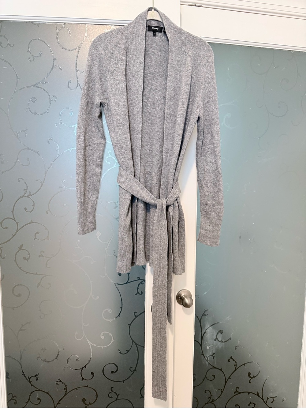 Theory Light Gray Open-Front Belted Cardigan